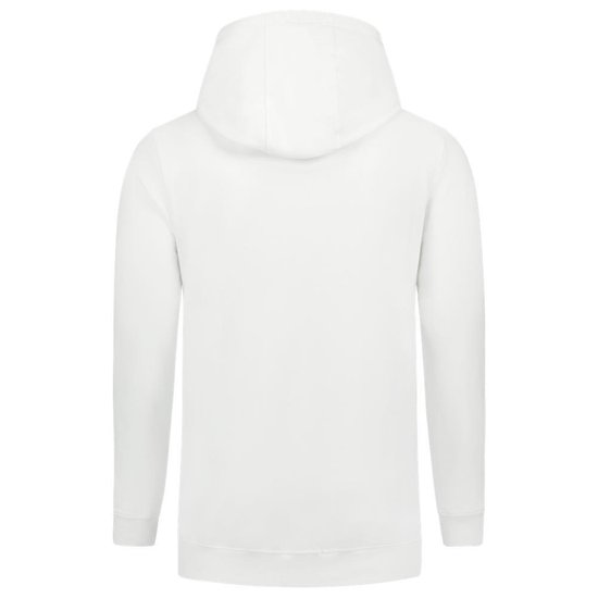 Achterkant van een witte capuchontrui met lange mouwen.