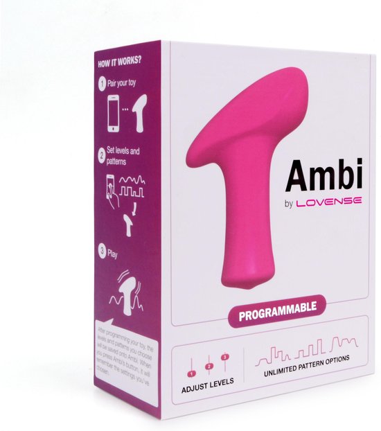 Doos met de roze 'T'-vormige Lovense Ambi vibrator. Toont "PROGRAMMABLE" en "UNLIMITED PATTERN OPTIONS".