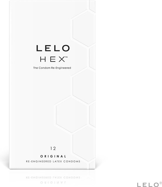 Witte verpakking van 12 LELO HEX Original condooms, met subtiele hexagonale patronen.