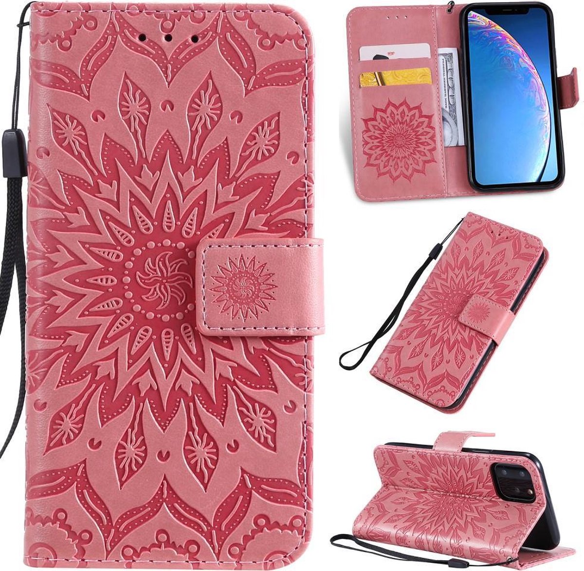 PU Lederen bookcase voor iPhone 11 Pro 5.8 inch - Zonnebloem patroon - Roze