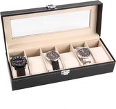 Aretica Luxe horloge en sieraden box geschikt voor 6 horloges - Fluweel - Kunstleer - Zwart