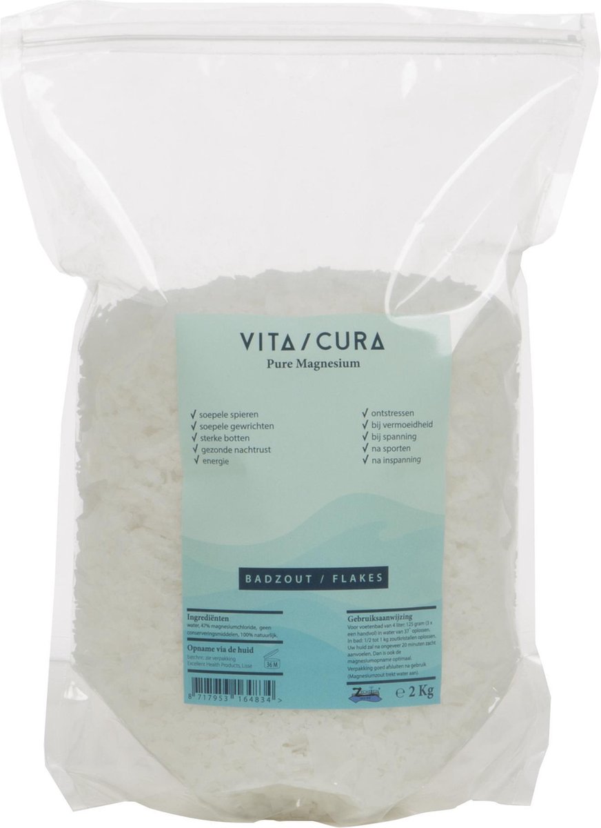 Goedkoopste VitaCura® Magnesium Zout | 2000 gram | 100 pure magnesium flakes | 100 Natuurlijk | Badzout | Zechstein keurmerk |Vermindert spierkramp, stress, slapeloosheid
