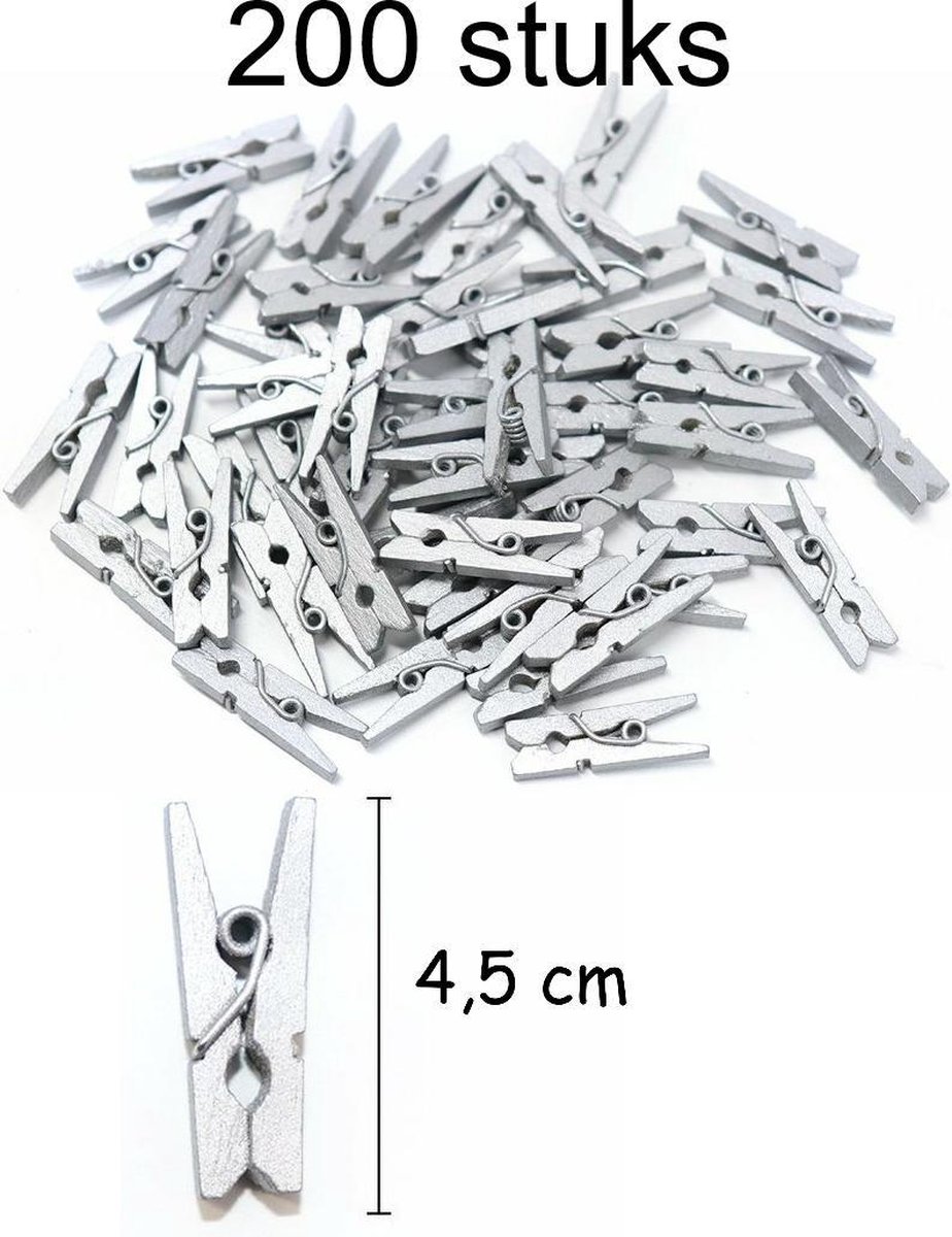 Benza Zilveren wasknijpers kerstknijpers Houten knijper zilver metallic 4 5cm 200 stuks