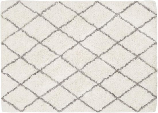 Vloerkleed wol - ruiten - offwhite (wit) / grijs - 200 x 300 - hoogpolig -  rechthoekig | bol.com