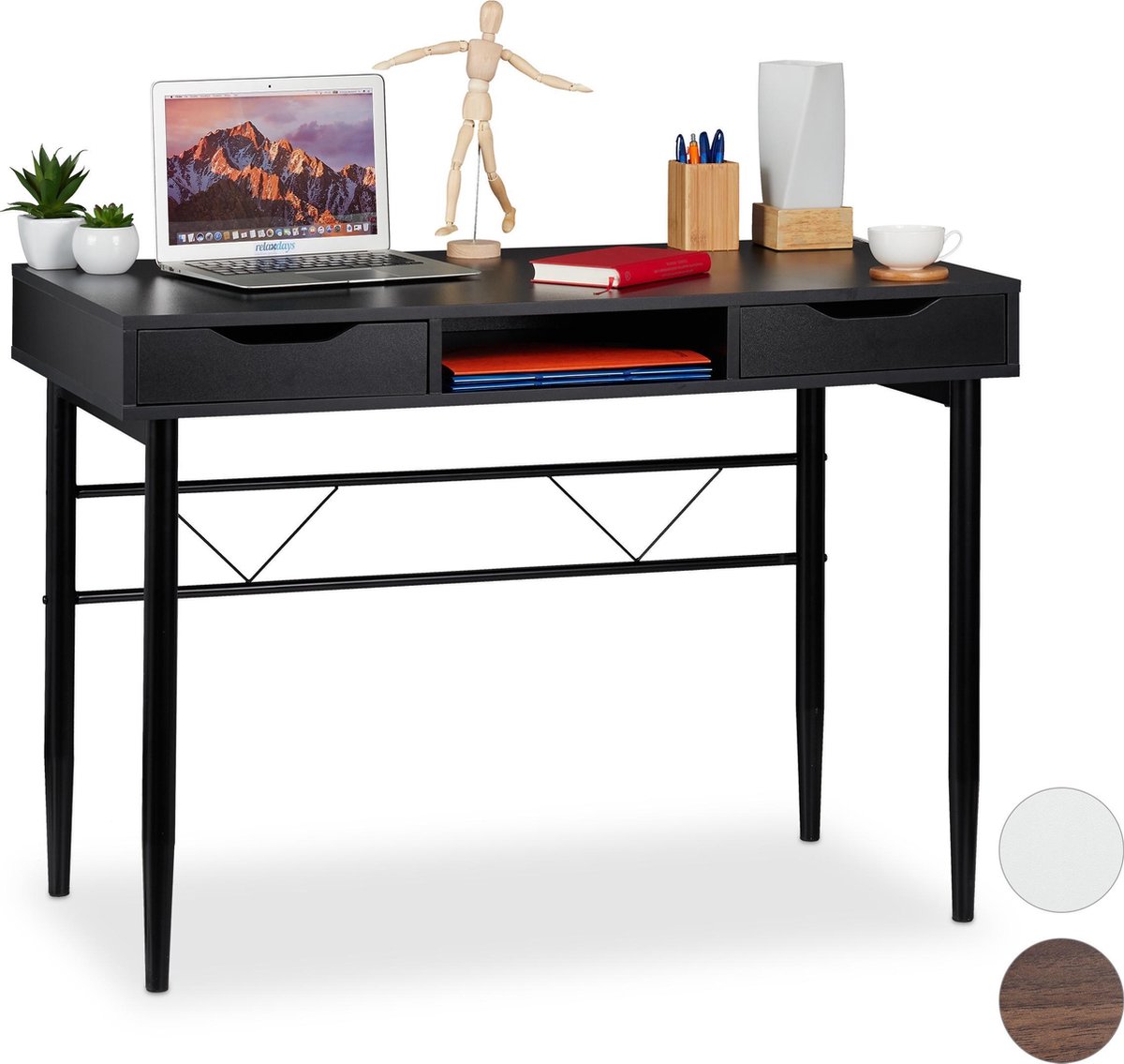 Relaxdays bureau met lades computertafel bureautafel 77 x 110 x 55 cm modern Zwart zwart