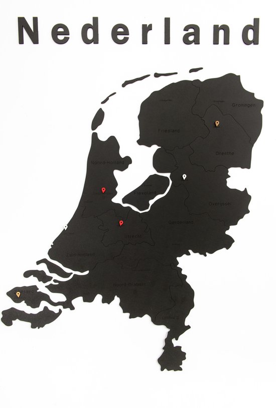 MiMi Innovations® Luxe Houten Landkaart - Muurdecoratie – Nederland - 92x69 cm/36.2x27.2 inch - Zwart