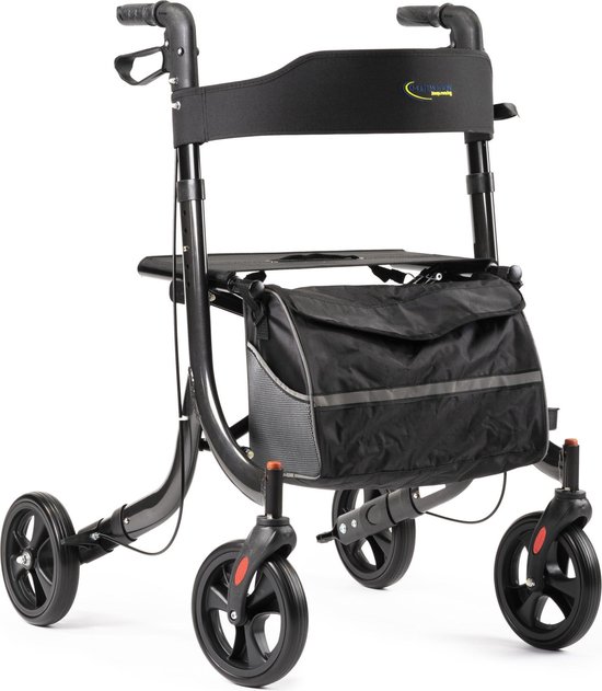 Zwarte rollator met zwarte zitting, handgrepen, tas met mesh zijvakken en reflecterende strip.