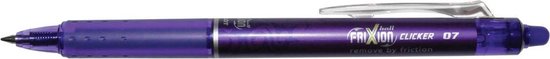 Paarse FriXion Clicker 07 pen met zilverkleurige clip en doorzichtige paarse behuizing.