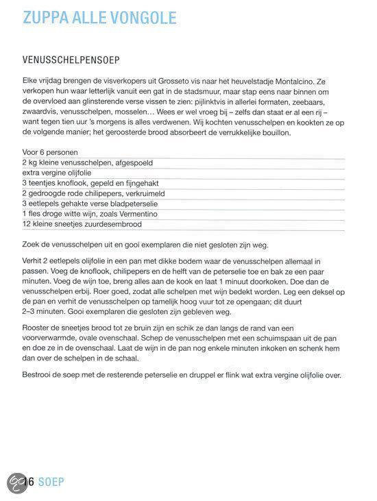 Receptpagina voor 'Zuppa alle vongole', met ingrediënten en bereidingswijze.