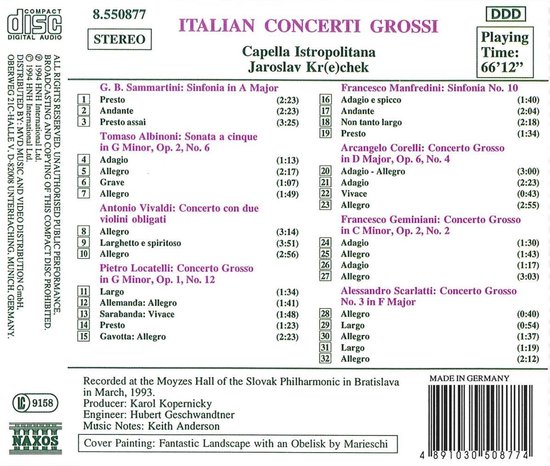 CD hoes van "ITALIAN CONCERTI GROSSI" met tracklist, "DDD STEREO", "Naxos", "Made in Germany" en "LC 9158".