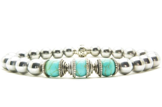 Beaddhism - Armband - Hematiet (RVS Steel colored) - Turquoise 3 - 8 mm - 22 cm