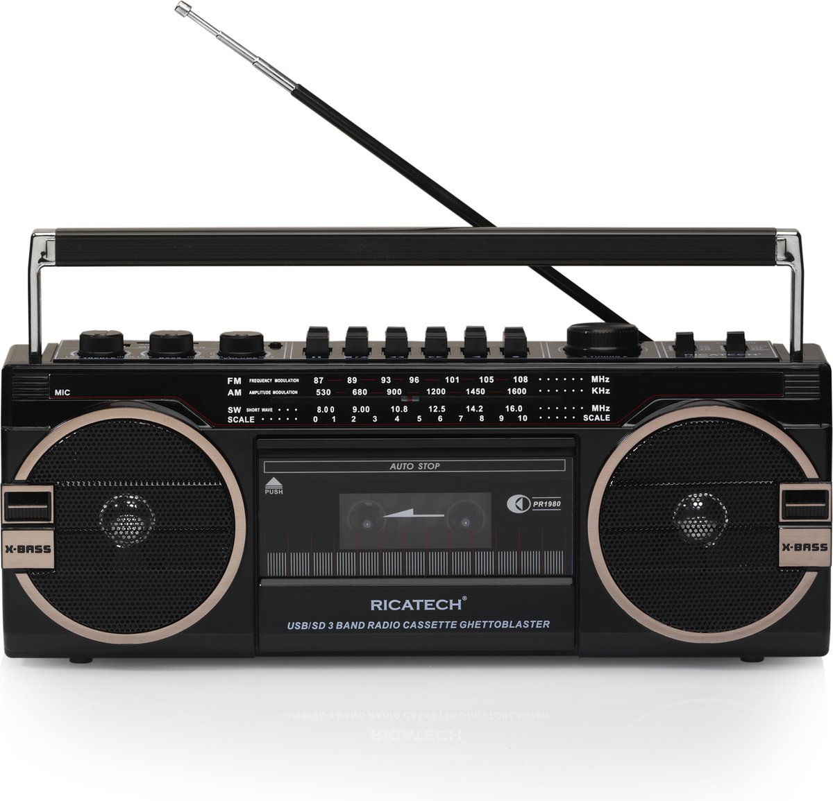 Ricatech PR1980 Old School Ghetto Blaster – 355mm | Draagbare Radio met USB en SD Aansluit