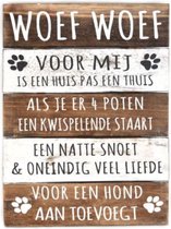 Houten Tekstplank / Tekstbord 40x30cm "Woef Woef..." - Kleur Naturel en Antique White