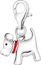 Quiges - 925 Zilver Charm Bedel Hanger 3D Hondje met Rode Halsband - HC129