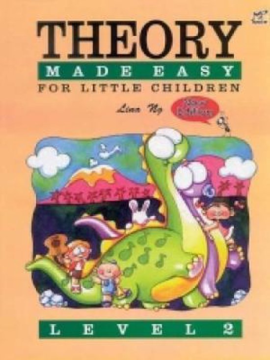 Livre 'Theory Made Easy For Little Children Level 2' avec un dinosaure vert, des lapins et des enfants.