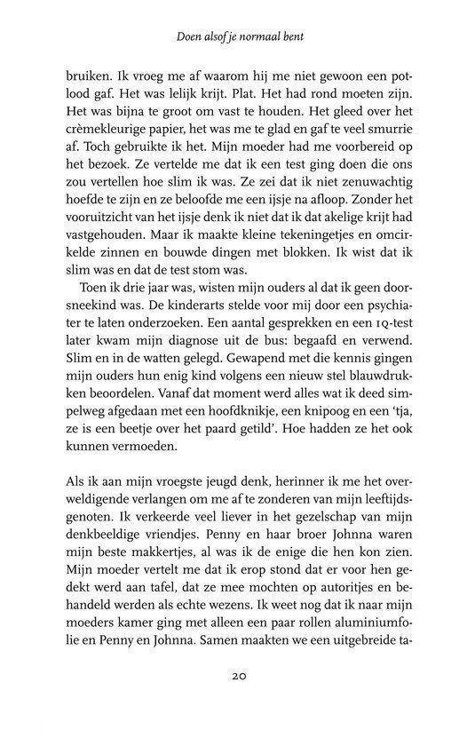 Bladzijde 20 met tekst over de schrijfster die als peuter niet kon praten en als kind werd gediagnosticeerd met autisme. Ook een dankbetuiging aan haar moeder.