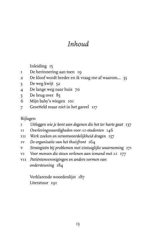 Bladzijde met 'Inhoud'. Geeft een overzicht van de hoofdstukken, beginnend met 'De herinnering aan toen' en eindigend met 'Literatuur'.