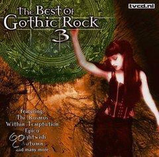 Cd-hoes met gothic rock compilation 'The Best of Gothic Rock 3'. Een vrouw in korset staat voor een boom.