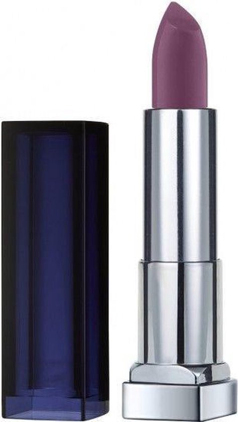 Paarse lipstick met zilveren huls en donkerblauwe dop.