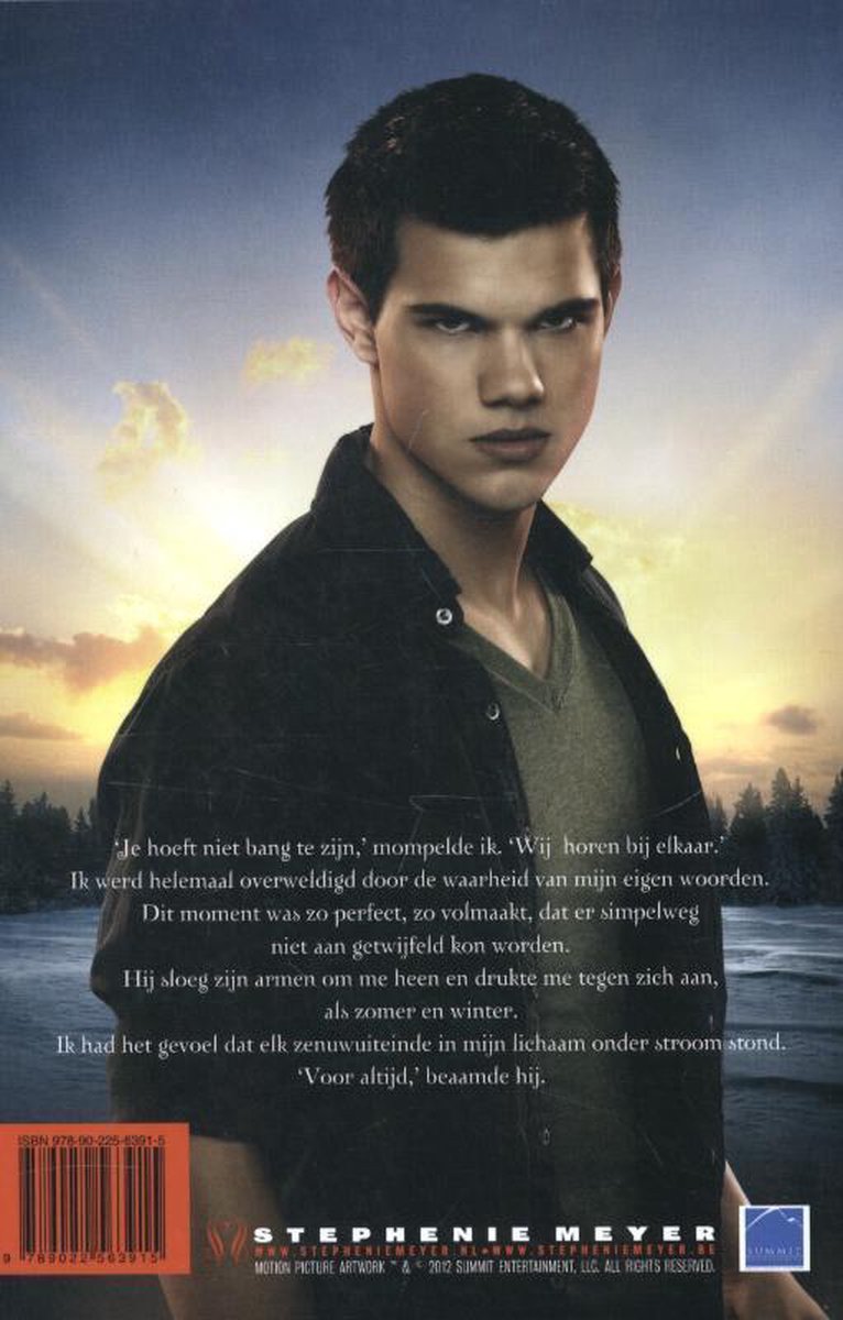 Boekcover 'Morgenrood' met acteur Taylor Lautner in een donkere jas.