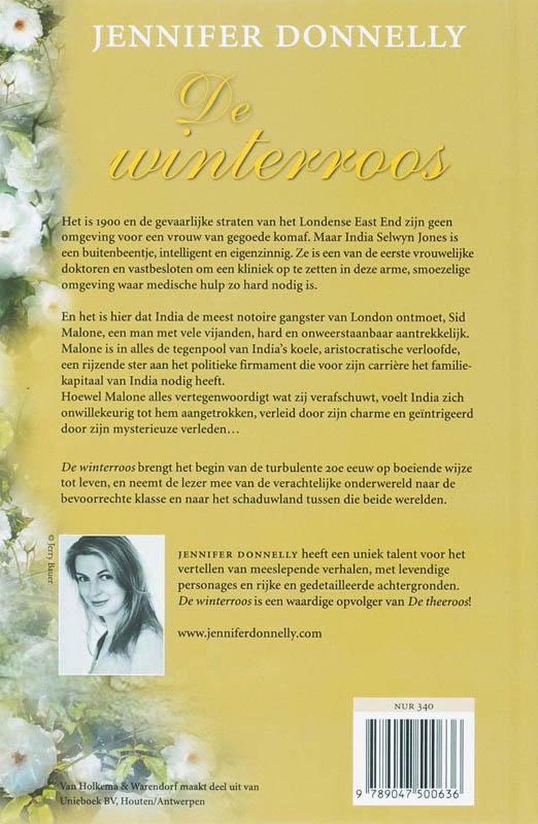 Achterkant van het boek De Winterroos met tekst en een portret van een vrouw.