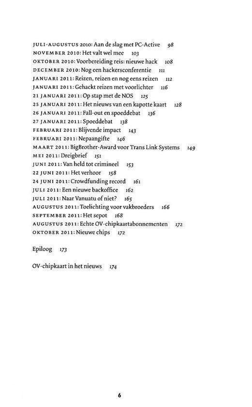 Een pagina met een inhoudsopgave van een boek. Rechtsboven staat "6".