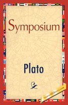 Boek "Symposium" van Plato, met een rand van internationale vlaggen en een wereldkaart als achtergrond.