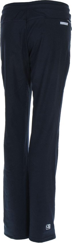 Achterkant van een donkerblauwe sportbroek met trekkoord.