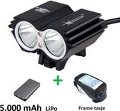SolarStorm X2 set - USB MTB/race LED koplamp EXTREEM veel licht met 2x CREE T6 LED - met 5000 mAh LiPo Powerbank en handig frametasje