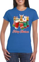 Foute Kerst t-shirt kerstsokken met diertjes - Merry Christmas - blauw voor dames L