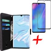 iCall - Huawei P30 Pro Hoesje + Screenprotector Tempered Glass Full Screen - Lederen TPU Book Case Portemonnee Flip Wallet - Zwart