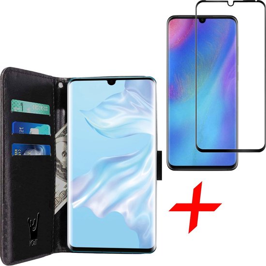 iCall - Etui Huawei P30 Pro + Protection d'écran en verre trempé plein écran - Etui cuir TPU portefeuille Flip Wallet - Noir