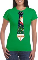 Groen kerst T-shirt voor dames - Kerstman en kerstboom stropdas print M