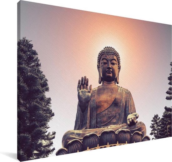 Canvas Schilderij Zonsondergang achter het hoofd van de Tian Tan Boeddha -  140x90 cm -... | bol.com