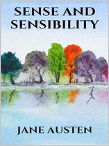 Boek kaft met titel "Sense and Sensibility" en "Jane Austen". Waterverf schilderij van bomen in diverse kleuren en reflectie op water.