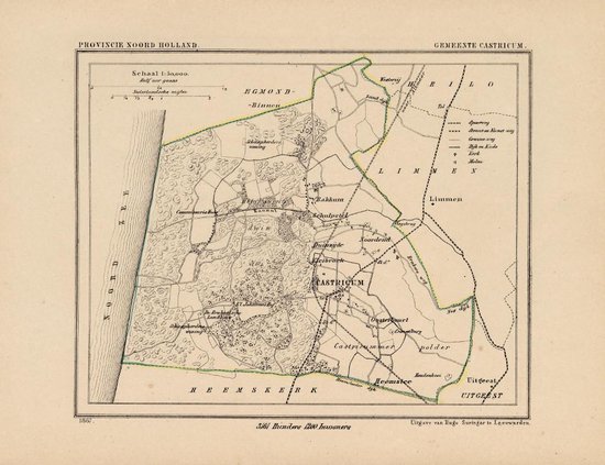 Historische kaart, plattegrond van gemeente Castricum in Noord Holland uit 1867 door Kuyper van Kaartcadeau.com