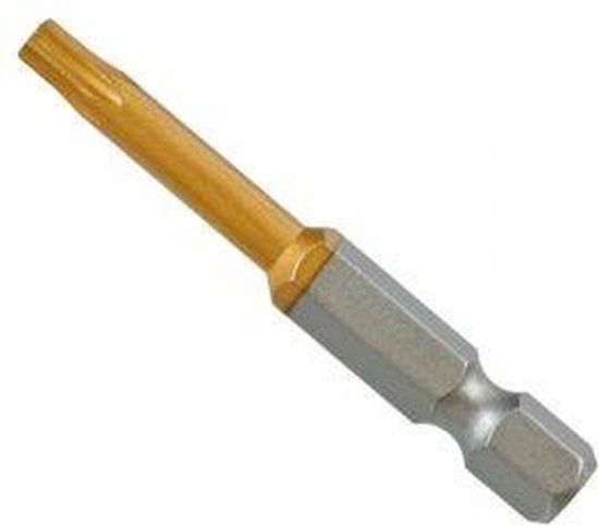 Gouden Torx T27 bit met zilveren zeskant aan het einde.