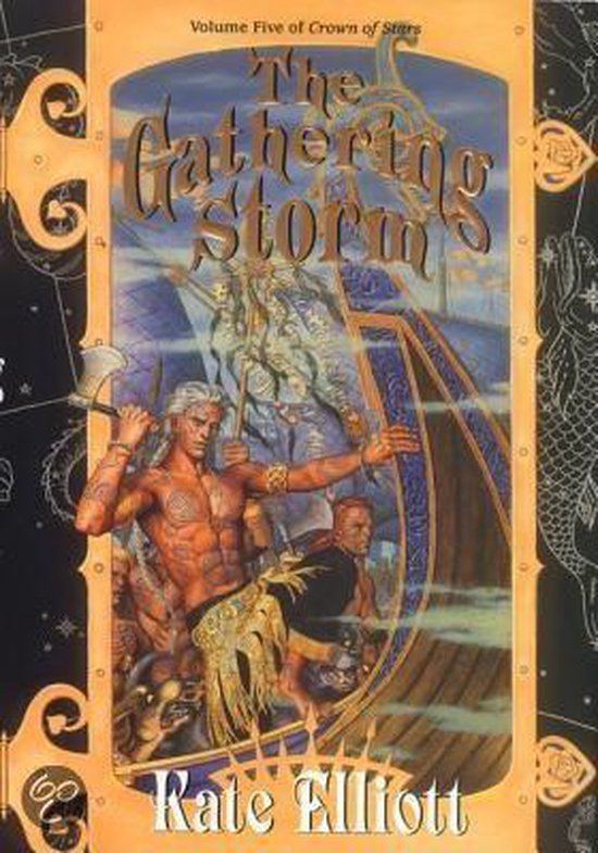 Boek 'The Gathering Storm' door Kate Elliott. Mannen met wapens, met een schip op de achtergrond.