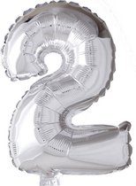 Folie Ballon Cijfer 2 Zilver 41cm met rietje