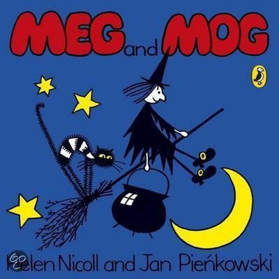 Boekcover van 'Meg en Mog' met een heks op een bezem, een zwarte kat, een maan en sterren op een blauwe achtergrond.