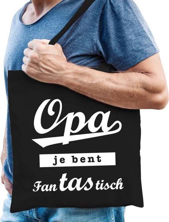 Cadeau tas zwart katoen met de tekst Opa je bent fantastisch - kadotasje voor opa's