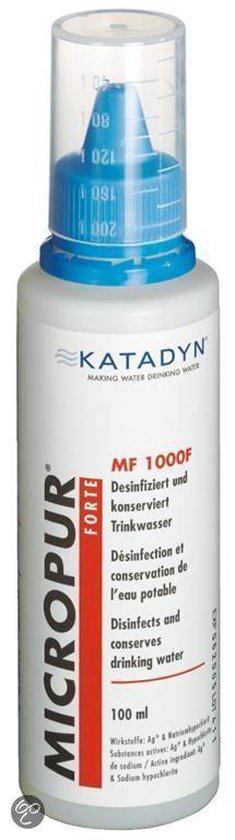 Katadyn Micropur Forte MF 1000F flesje met blauwe dop met maataanduiding en label met rode en blauwe tekst. Bevat 100ml.