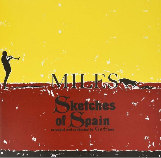 Albumhoes "Sketches of Spain" met gele en rode achtergrond. Bevat tekst en afbeeldingen van een man met een trompet en een stier.