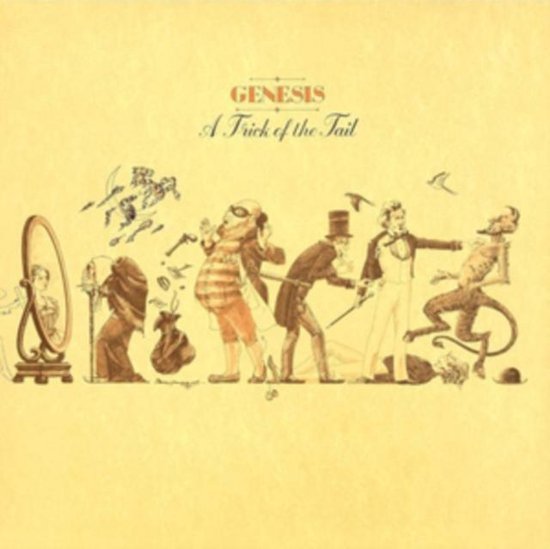 Albumhoes van Genesis, "A Trick of the Tail" met een tekening van figuren in een reeks van surrealistische taferelen op een gele achtergrond.
