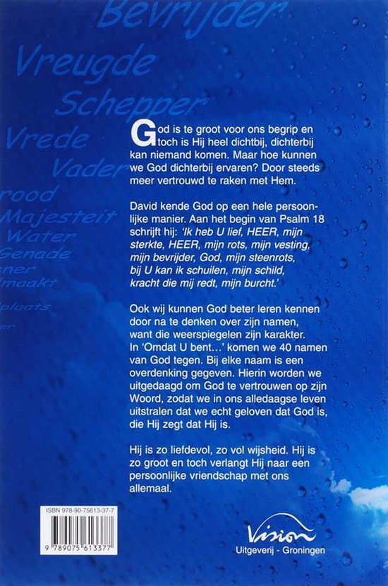 Boekomslag met blauwe, waterdruppel-achtige achtergrond en witte tekst. Centraal staat de titel 'God is te groot voor ons begrip'.