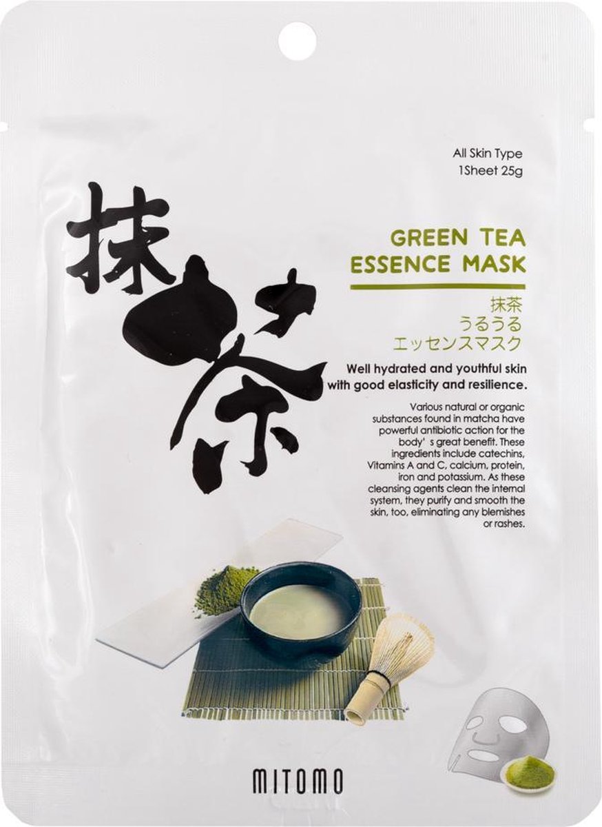 Goedkoopste Mitomo Green Tea Matcha Gezichtsmasker - Face Mask Japans Verrijkt met o.a. Hyaluronzuur Camellia Sinensis Olie Aloe Vera Castor Olie - Gezichtsmaskers Verzorging - Mask - JBeauty Rituals - 4 st