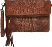 TOUTESTBELLE - Leren crossbody tasje Polstasje Clutch Croco Overslag met Rits - Dames - Suede Leer - Bruin