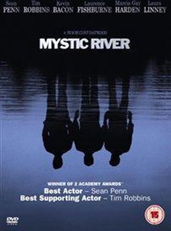 De Mystic River dvd-hoes toont drie silhouetten van mannen die tegen een donkerblauwe achtergrond van water reflecteren.