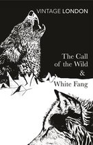 Vintage London: 'The Call of the Wild & White Fang'. Met een zwart-wit illustratie van een huilende wolf en een hondachtige.