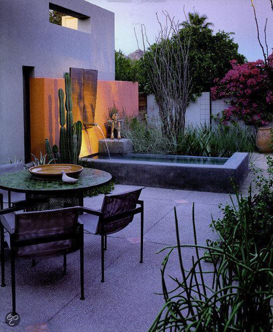 Moderne tuin met een vijver, cactussen en een ronde tafel met groene mozaïek.
